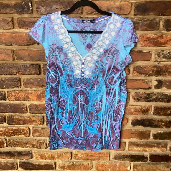 Apt. 9 Multicolored Printed Lace Henley Short Sleeve Top Women's Size Small - Picture 1 of 6